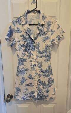 Cider Blue and White Toile de Jouy Button-Front Mini Dress